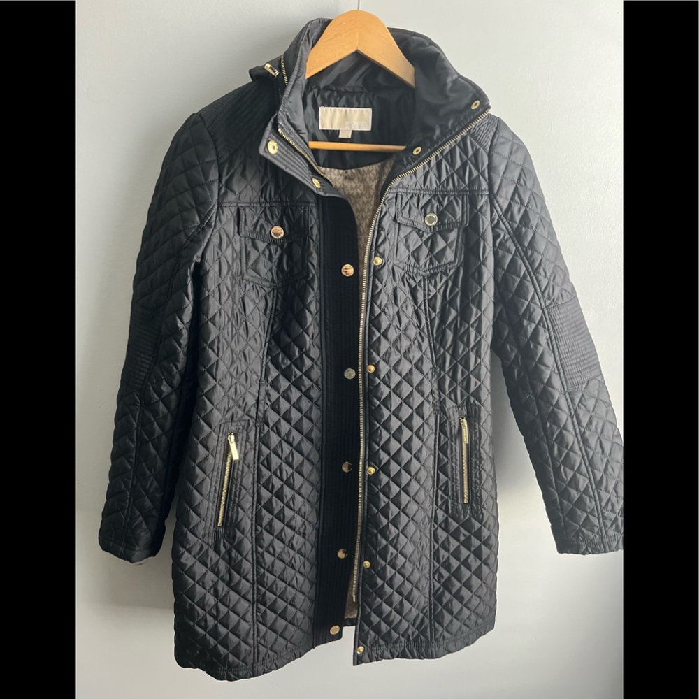 Michael Kors Black Packable Fill Long Quilted Hooded Puffer Jacket Coat Size XS